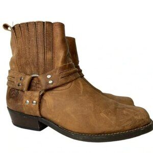 Vintage 90s Western Ankle Harness Boots Nubuck Leather Distressed Tan Aldo 6